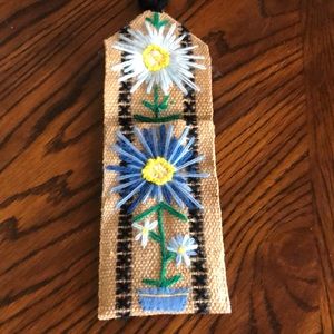 Homemade burlap and needlepoint scissor holder